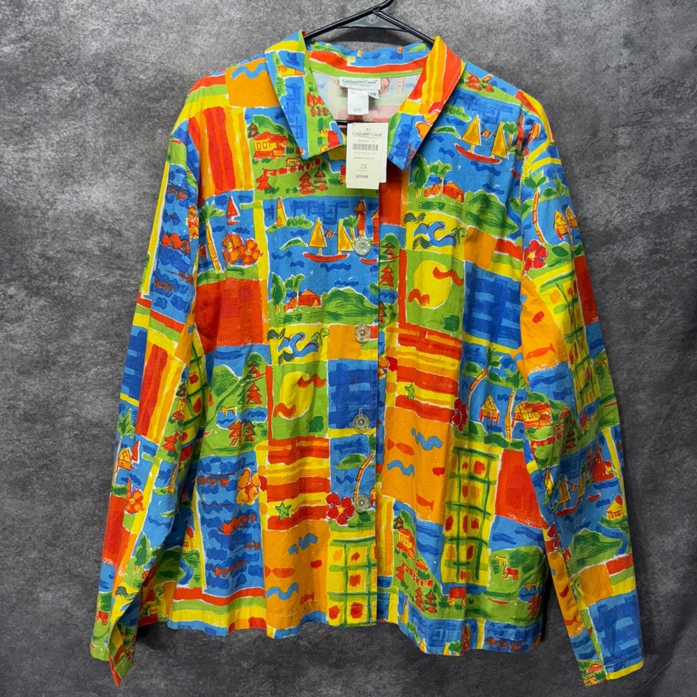 Coldwater Creek Summer By The Bay Jacket Womens 2X Sailboat Art Bright Funky